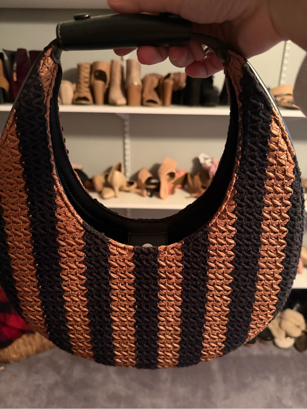Staud moon raffia - Woven Straw-Style Black and Brown Stripe Dress Hobo Bag - Picture 3 of 5